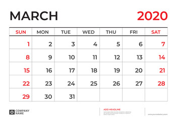 March 2020 Calendar template, Desk calendar layout  Size 9.5 x 6.5 inch, planner design, week starts on sunday, stationery design, vector Eps10