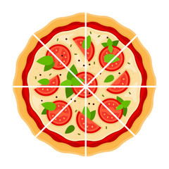 Pizza Margarita cut into pieces flat icon vector isolated