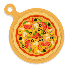 Mexican pizza on board with a cut piece flat icon vector isolated