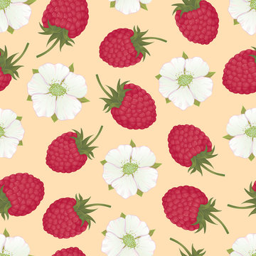 Vector seamless pattern with raspberry berries and its flowers on a light pink background
