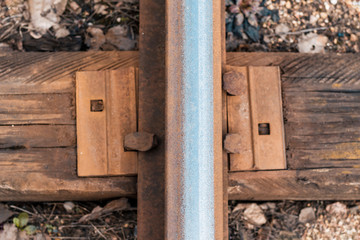 railway track. wood sleeper close-up. have toning.