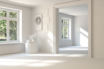 White stylish empty room with summer landscape in window. Scandinavian interior design. 3D illustration