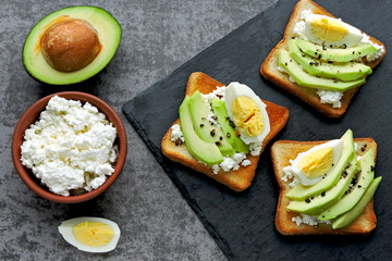 Avocado toast with curd and egg. Keto breakfast or snack.