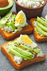 Avocado toast with curd and egg. Keto breakfast or snack.