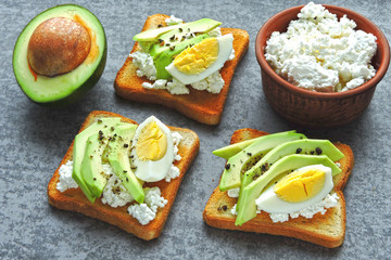 Avocado toast with curd and egg. Keto breakfast or snack.