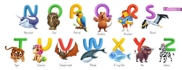 Zoo alphabet. Funny animals, 3d vector icons set. Letters N - Z Part 2. Narwhal, owl, parrot, quokka, rooster, stork, tiger, unicorn, vampire bat, whale, x-ray fish, yak, zebra © Natis