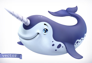 Narwhal cartoon character. Funny animal, 3d vector icon - obrazy, fototapety, plakaty