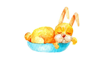 Watercolor yellow little rabbit sleeping in a blue basket on a white background. Isolated