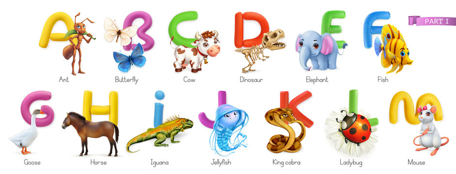Zoo alphabet. Funny animals, 3d vector icons set. Letters A - M Part 1. Ant, butterfly, cow, dinosaur, elephant, fish, goose, horse, iguana, jellyfish, king cobra, ladybug, mouse.