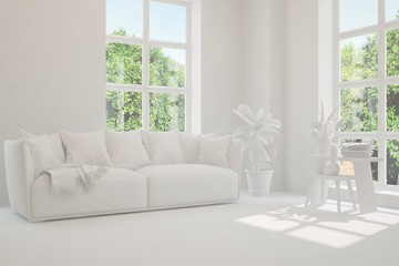 Stylish room in white color with sofa and green landscape in window. Scandinavian interior design. 3D illustration