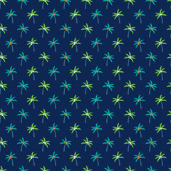 Cute seamless vector pattern with green and aqua palm trees on navy blue background. For greeting cards, gift wrapping paper, textiles and wallpapers.