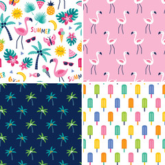 Set of cute seamless vector patterns with flamingos, tropical leaves, pineapples, flowers and palm trees in pink, yellow and blue. For greeting cards, gift wrapping paper, textiles and wallpapers. - 256515373