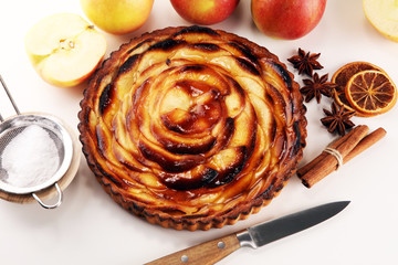 Apple tart. Gourmet traditional holiday apple pie sweet baked dessert food with cinnamon and apples...
