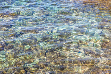 Clear crystal shallow blue sea water and seabed background