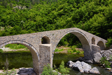 Fototapeta na wymiar Devil's bridge, Bulgaria. Ancient stone bridge over Arda river, spring time. Rhodope mountain