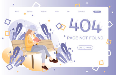 Error page illustration template (404). A girl with a book in her hands is sitting on a bench.Concept of web page design for website and mobile website. Vector illustration in flat style.