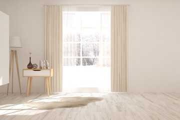 White stylish empty room with winter landscape in window. Scandinavian interior design. 3D illustration