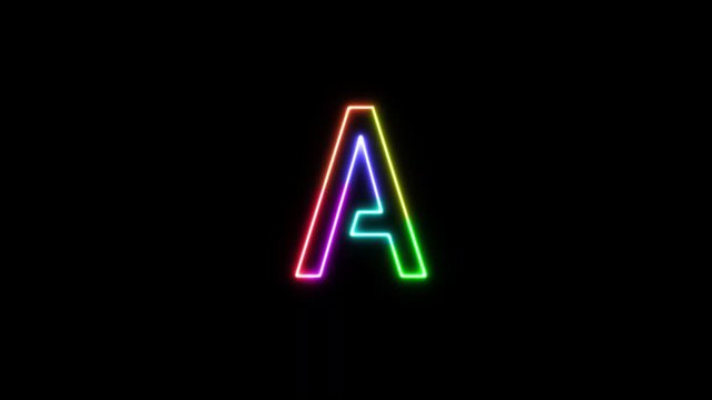 Letter A - outline neon glowing in 7 rainbow colors on transparent background.