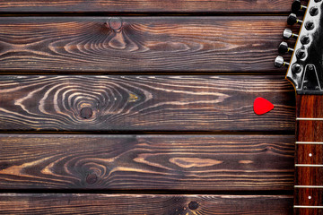 Music record studio with musician and DJ instruments wooden background top view copyspace