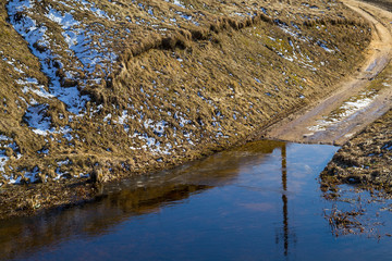 Countryside landscape. Road. Water. The beginning of spring