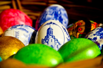 Painted eggs lying in a basket For the great Easter