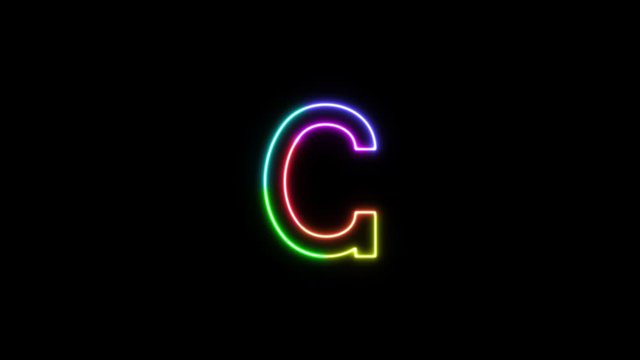 Letter G - outline neon glowing in 7 rainbow colors on transparent background.