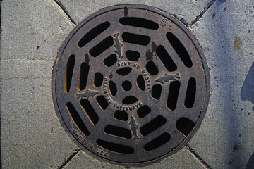 Drain cover with fish and the phrases Made in the USA, Drains to waterway and dump no waste
