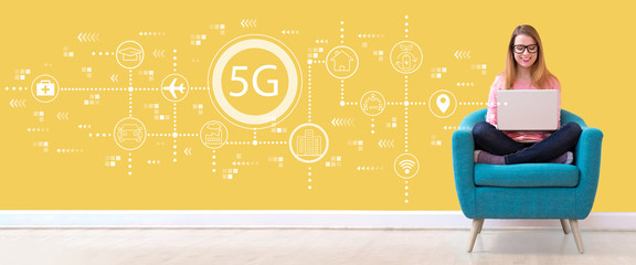 5G network with young woman using her laptop in a chair