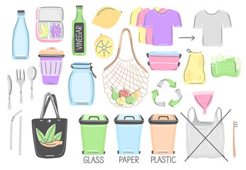 Set of isolated hand drawn zero waste objects. Eco lifestyle. Save planet. Care of nature. Vegan. No plastic. Go green. Refuse, reduce, reuse, recycle, rot. Unique design. Vector illustration, eps10