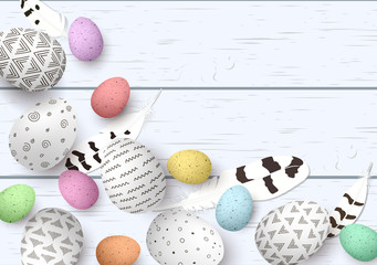 Naklejka na ściany i meble Congratulatory easter on white shabby wooden background. Easter colorful eggs with different simple doodle ornaments and feathes.