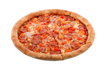 Delicious classic italian Burning Pizza with sausages, bacon, bulgarian pepper, sauce and cheese