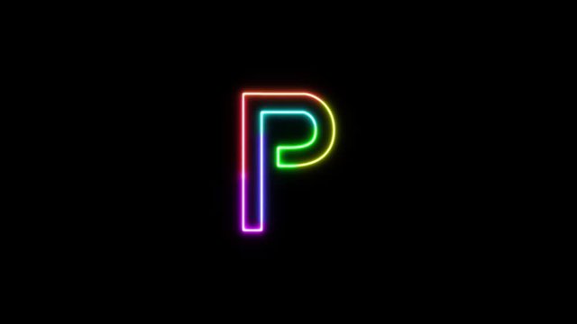 Letter P - outline neon glowing in 7 rainbow colors on transparent background.