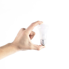 finger touching the bulb.isolated on a white background.