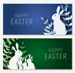 3d abstract paper cut banner of colorful rabbit family, grass, Happy easter greeting card template.