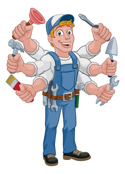 Handyman cartoon property caretaker construction man multitasking with lots of arms holding tools