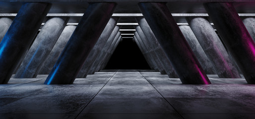 Obraz premium Dark Empty Garage Hall Underground Cement Grunge Concrete Columns Triangle Shaped Sci Fi Purple Blue Neon Glow Modern Elegant Style Hall Tunnel Corridor 3D Rendering