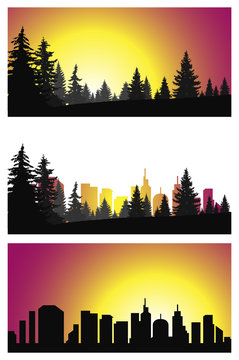 Three panoramic banners of city and coniferous forest.  Colorful tones.