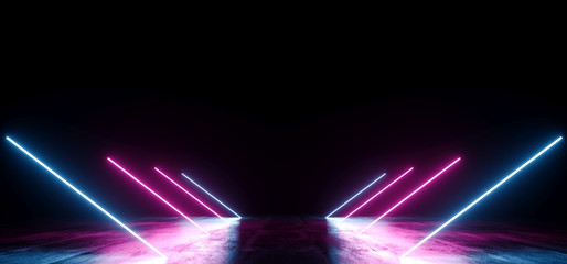 Obraz na płótnie Canvas Neon Futuristic Background Cyber Retro Purple Pink Blue Ultraviolet Vibrant Glowing Line Shaped Fluorescent Luminous Elegant Alien Dance Stage Gallery Lights 3D Rendering