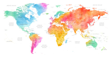 High detailed Multicolor Watercolor World Map Illustration with borders, oceans and countries on white Background, Side View. - obrazy, fototapety, plakaty