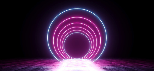 Neon Futuristic Background Cyber Retro Purple Pink Blue Ultraviolet Vibrant Glowing Circle Shaped Fluorescent Luminous Elegant Alien Dance Stage Gallery Lights 3D Rendering