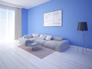 Mock up modern living room with gray corner sofa and blue stylish background.