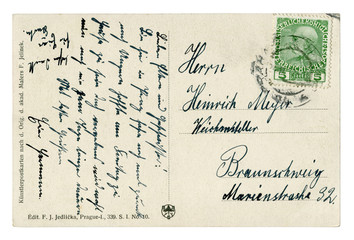 Back of historical Czech-Austrian postcard a letter with a green postage stamp and a Praha Czechia postmark cancellation,  1912, Austro-Hungarian Empire