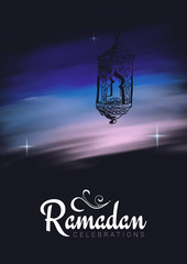 Muslim feast of the holy month of Ramadan Kareem. Vector illustration on the dark background..
