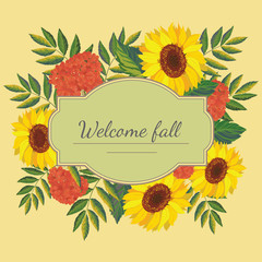 Сard template.Vector frame with autumn sunflowers and rowanberries 2