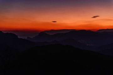 Red-blue sunset in the mountains