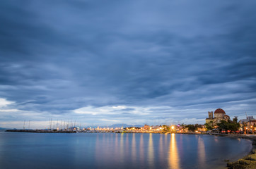Fototapeta premium View of the beautiful island of Aegina in Saronikos gulf Greece during blue hour