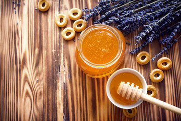 Honey in jar.  Top view. Copy space.