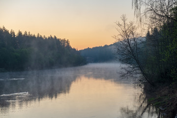 Fototapeta premium beautiful misty morning on the natural forest river Gauja in Latvia