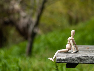 A wooden mannequin sitting on a wooden board taking a sunbath