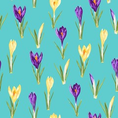 Seamless pattern with yellow and violet crocus flowers and green leaves on a bright blue background.